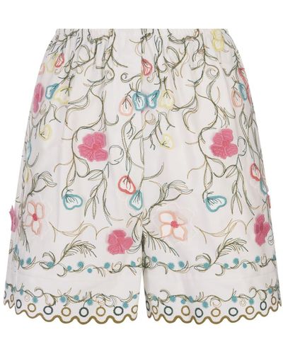 Elie Saab Cotton Embroidered Garden Shorts - White