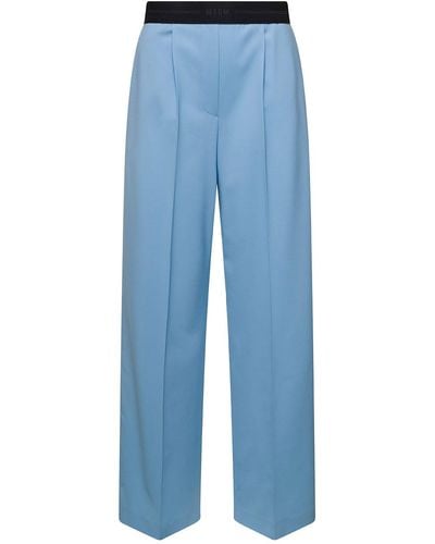 MSGM Light E Wide Leg Trousers With Logo Waistband In Wool - Blue