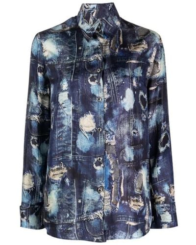John Richmond Shirt With Iconic Runway Denim-Effect Pattern And Long Puff Sleeves - Blue