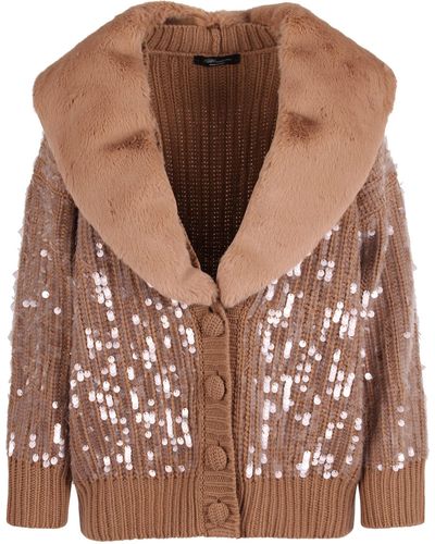 Blumarine Knitted All-over Sequins Embellished Wool Cardigan - Brown