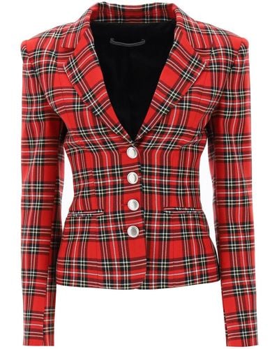 Alessandra Rich Wool Single-breasted Jacket With Tartan Motif - Red
