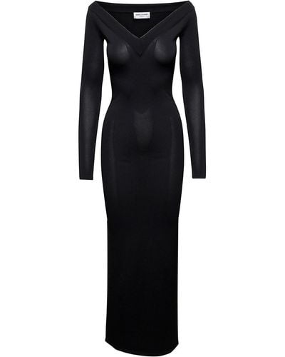 Saint Laurent Off-Shoulder V-Neck Long Dress - Black