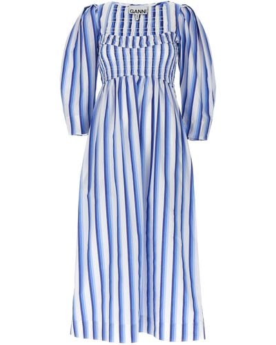 Ganni Striped Smock Stitch Dress - Blue