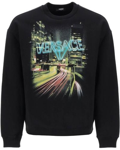 Versace Crew-neck Sweatshirt With City Lights Print - Black