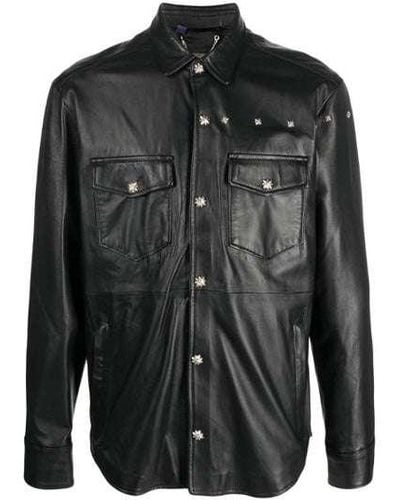 John Richmond Leather Shirt With Clip Closure - Black