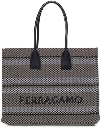 Ferragamo Striped Tote Bag With Logo - Grey