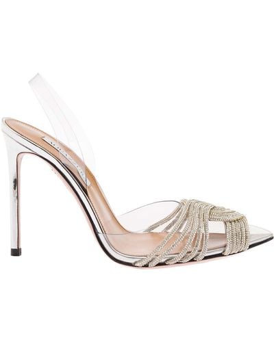 Aquazzura 'gatsby Sling' Silver Pumps With Crystals Knot Detail In Clear Pvc Woman - Metallic