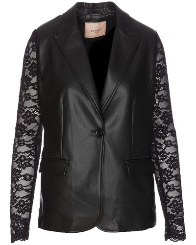Twin Set Leather Effect Blazer With Lace - Black