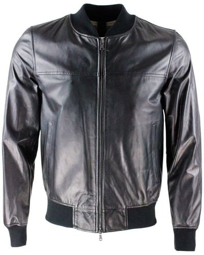 Orciani Soft Nappa Leather Jacket With Knitted University Collar, Zip Closure And Knit At The Bottom - Black