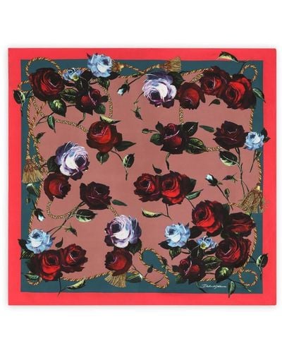 Dolce & Gabbana Twill Scarf With Vintage Rose (90 X 90) - Red