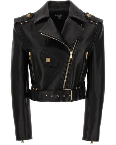 Balmain Cropped Leather Nail Casual Jackets, Parka - Black