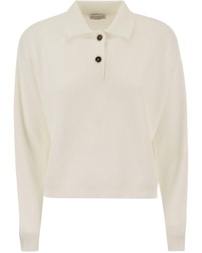 Brunello Cucinelli English Rib Cotton Polo-Style Jersey With Jewelry - White