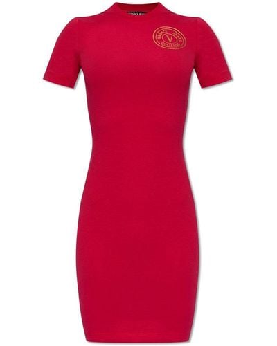 Versace Logo-Printed Short-Sleeved Stretched Dress - Red