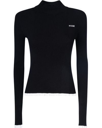 MSGM Funnel Neck Sweater With Contrasting Scalloped Edges - Black