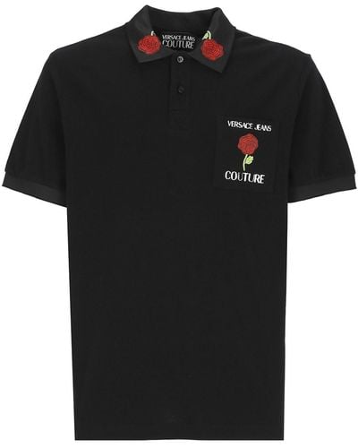 Versace Cotton Piquet Roses Polo Shirt - Black