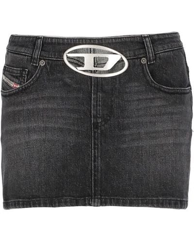 DIESEL De-ron-s2 Black Mini-skirt With Oval D Logo Buckle And Cut-out In Stretch Cotton Denim