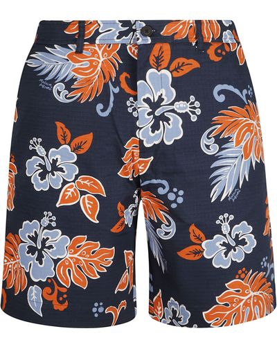 Maison Kitsuné Logo Patched Floral Print Board Shorts - Blue