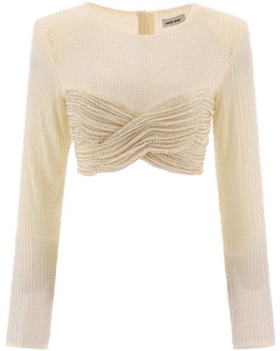 Self-Portrait Beaded Mesh Crossover Strap Cropped Top - Natural