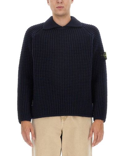 Stone Island Compass Patch Collared Jumper - Blue