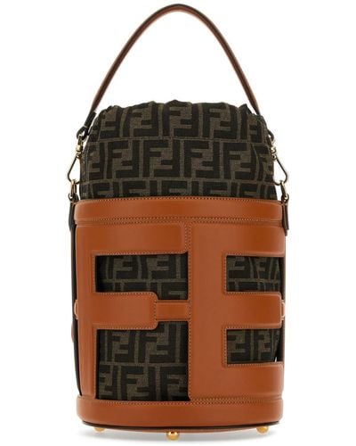 Fendi Embroidered Leather And Jacquard Medium Step Out Bucket Bag - Black