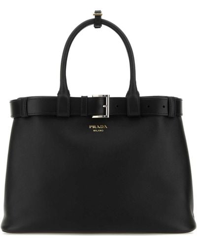 Prada Leather Buckle Large Handbag - Black
