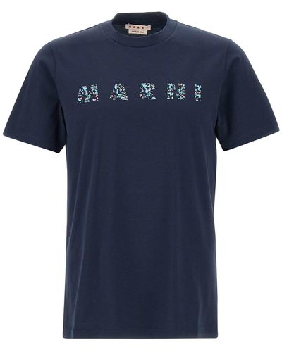 Marni Floral Logo Cotton T-Shirt - Blue