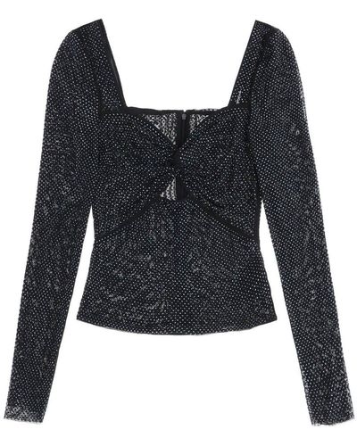 Self-Portrait Embellished Sweetheart Neck Mesh Top - Black