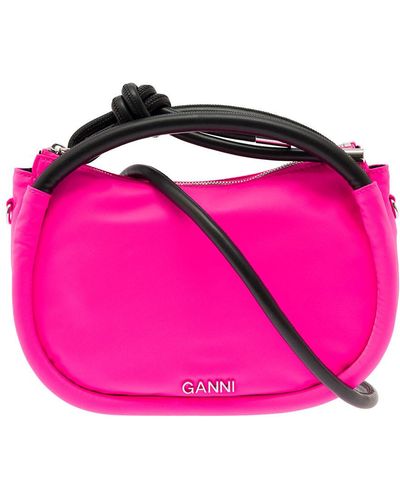 Ganni 'knot Mini' Fuchsia Shoulder Bag With Logo And Knot Detail In Recycled Fabric And Leather Woman - Pink