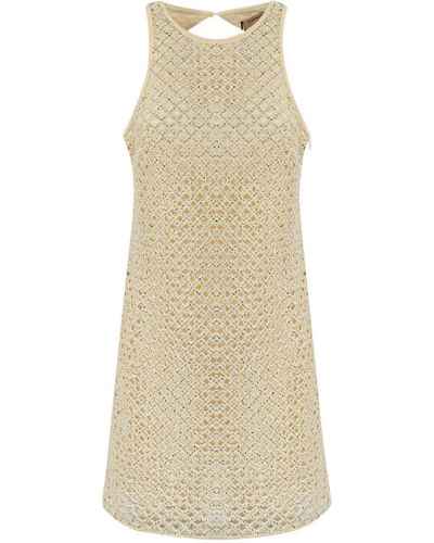 Twin Set Net Dress With Beads And Rhinestones - Natural