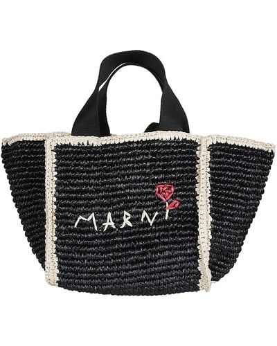 Marni Logo Embroidered Woven Top Handle Tote - Black