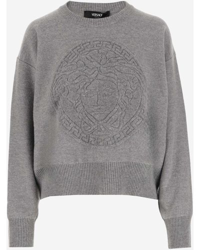 Versace Wool And Cashmere Pullover With Medusa - Grey