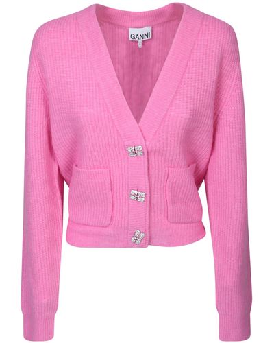 Ganni Embellished Wool-blend Cardigan - Pink