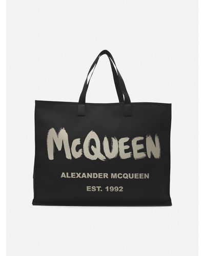 Alexander McQueen East West Tote Bag In Nylon With Graffiti Print - Men - Black