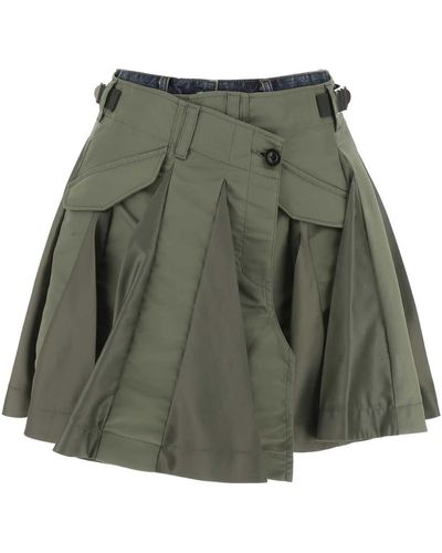 Sacai Two-Tone Denim And Nylon Shorts - Green