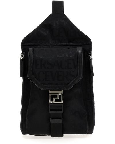 Versace Technical Fabric Backpack With Logo - Black