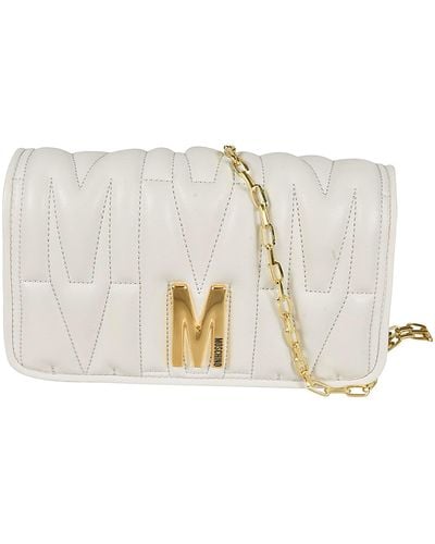 Moschino M Plaque Quilted Flap Chain Shoulder Bag - White