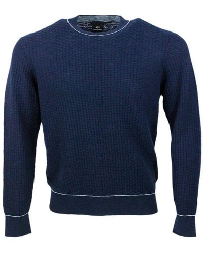 Armani Crew-neck And Long-sleeved Sweater In Cotton And Linen With Honeycomb Workmanship. - Blue