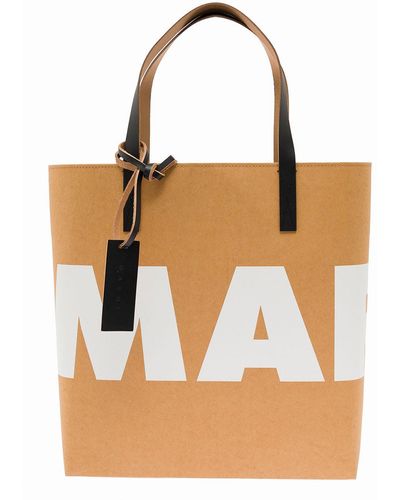 Marni Woman's Beige Paper Shopper Bag With Logo Print - Brown