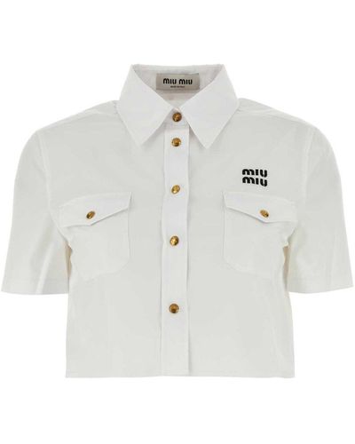 Miu Miu Cropped Shirt With Logo Embroidery - White