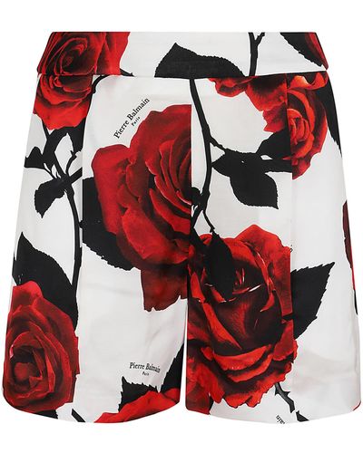 Balmain Hw Red Roses Print Satin Shorts