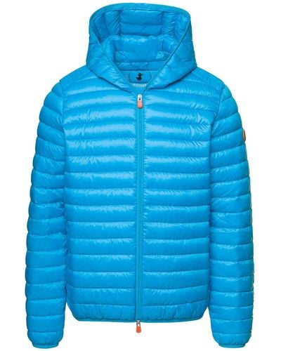 Save The Duck Hooded Puffer Jacket With Zip Fastening And Logo - Blue