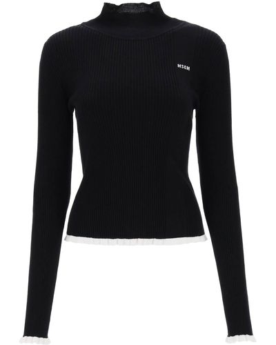 MSGM Funnel Neck Jumper With Contrasting Scalloped Edges - Black
