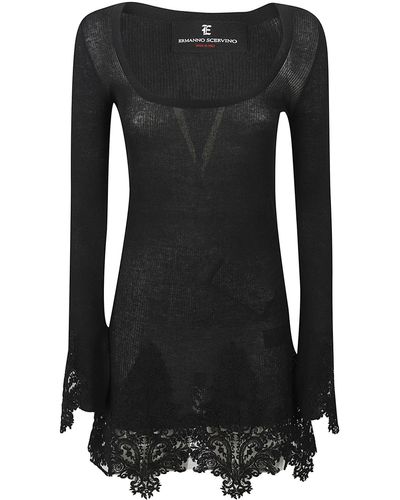Ermanno Scervino Square Neck Lace Paneled Knit Dress - Black