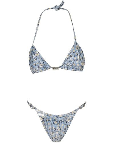 Alessandra Rich Daisy Print Laminated Ruched Lycra Bikini - Blue
