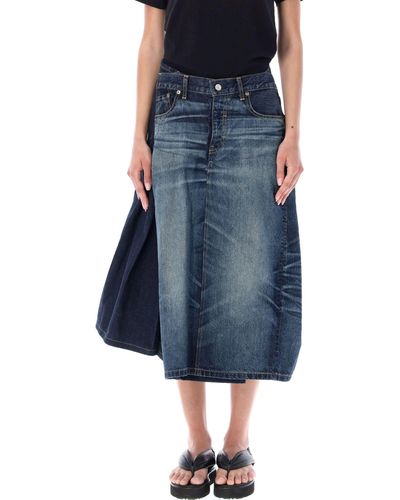 Junya Watanabe Asymmetric Paneled Pleated Denim Midi Skirt - Blue