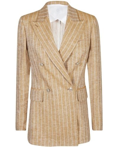 Eleventy Double-Breasted Striped Linen Jacket - Natural