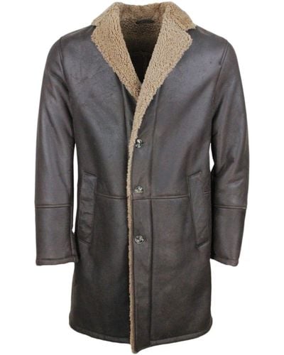 Barba Napoli Single-Breasted Shearling Sheepskin Coat With Button Closure And Side Pockets - Gray