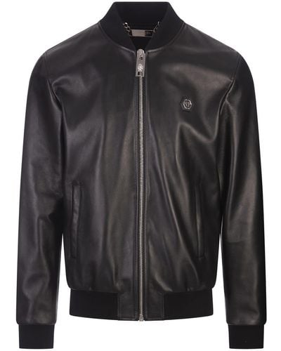 Philipp Plein Leather Bomber Jacket With Pp Hexagon - Black