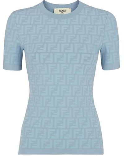 Fendi Viscose T-Shirt With All-Over Embossed Ff Motif - Blue
