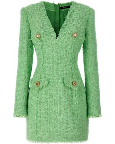 Balmain Logo Button Tweed Dress Dresses - Green